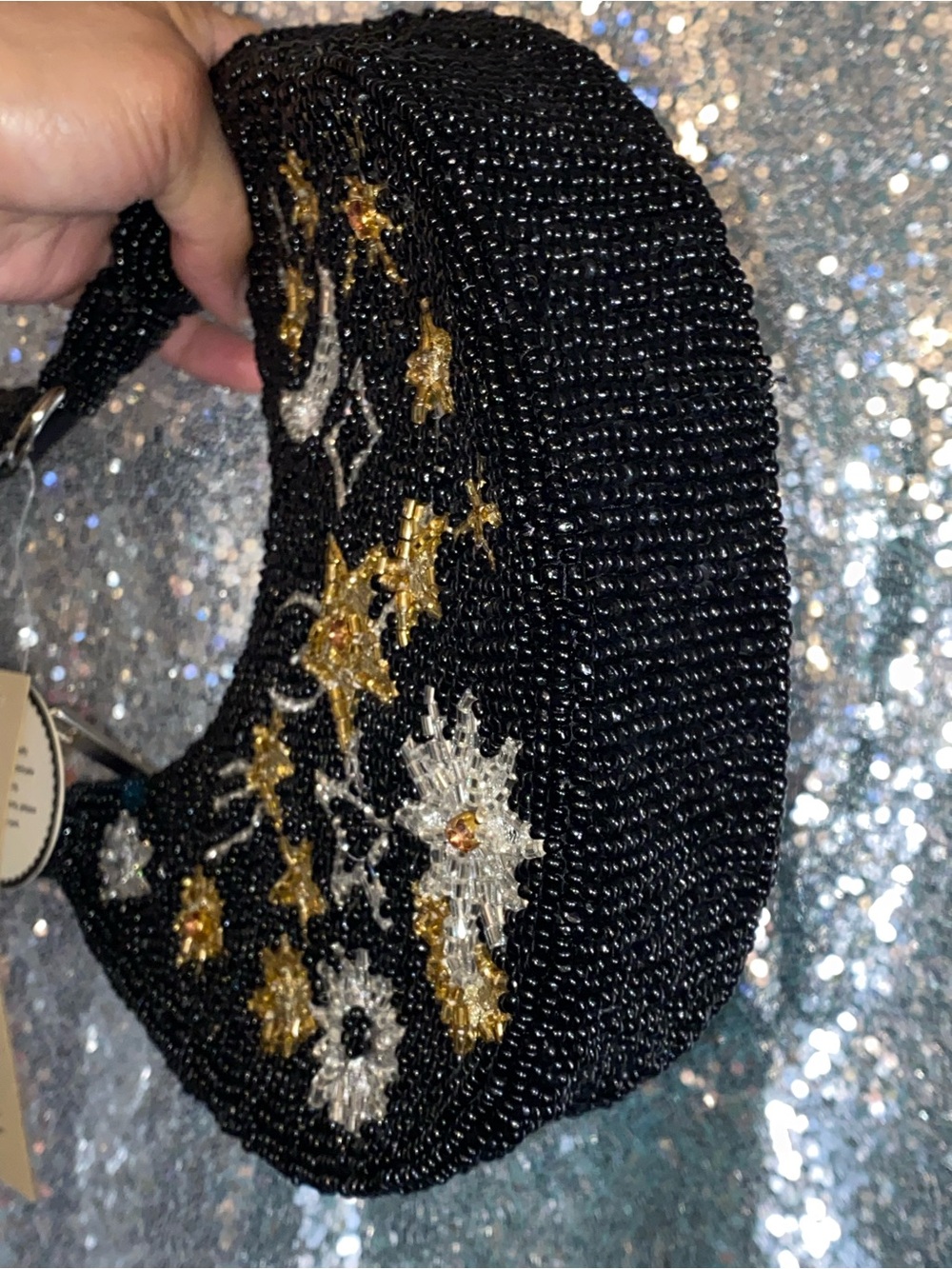 Studio 12 Celestial Hand Beaded Moon Stars Crescent Bag NWT Black Viral Find - Picture 10 of 14